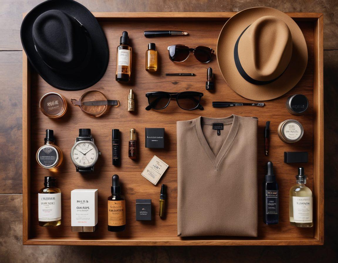 A stylish flat lay showcasing a variety of men's accessories such as watches, sunglasses, and hats, intertwined with grooming products like beard oils and colognes. The background should feature a chic wooden table setting, with hints of modern fashion magazines peeking through, conveying a sense of trendiness and sophistication. Soft natural lighting enhances the details, inviting the viewer to explore the world of men's fashion and grooming. vibrant colors. super-realistic.