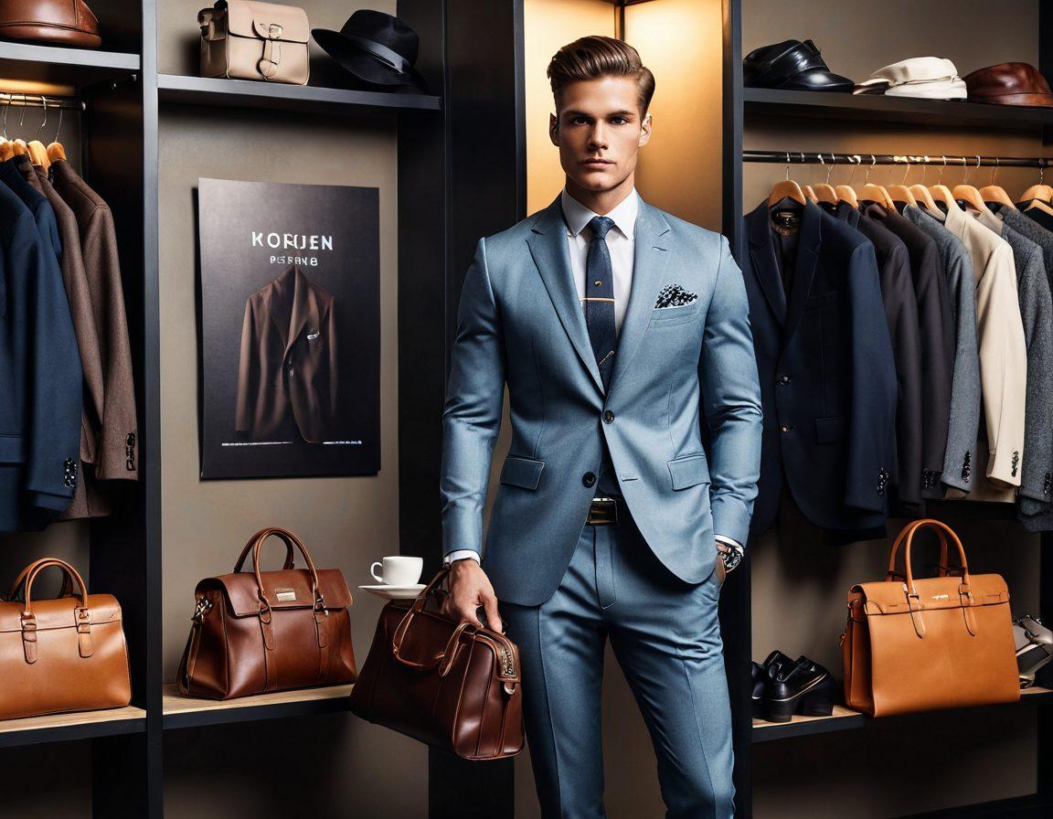 A stylish man standing confidently in a modern urban setting, wearing a tailored suit, holding a trendy leather bag. In the background, a mix of fashionable clothing items like jackets, shoes, and accessories hang on a sleek display. Soft ambient lighting highlights the man's outfit while elements of lifestyle, such as a coffee cup and fashion magazine, are artistically positioned around him. The scene should evoke a sense of sophistication and trendiness. super-realistic. vibrant colors. 3D.