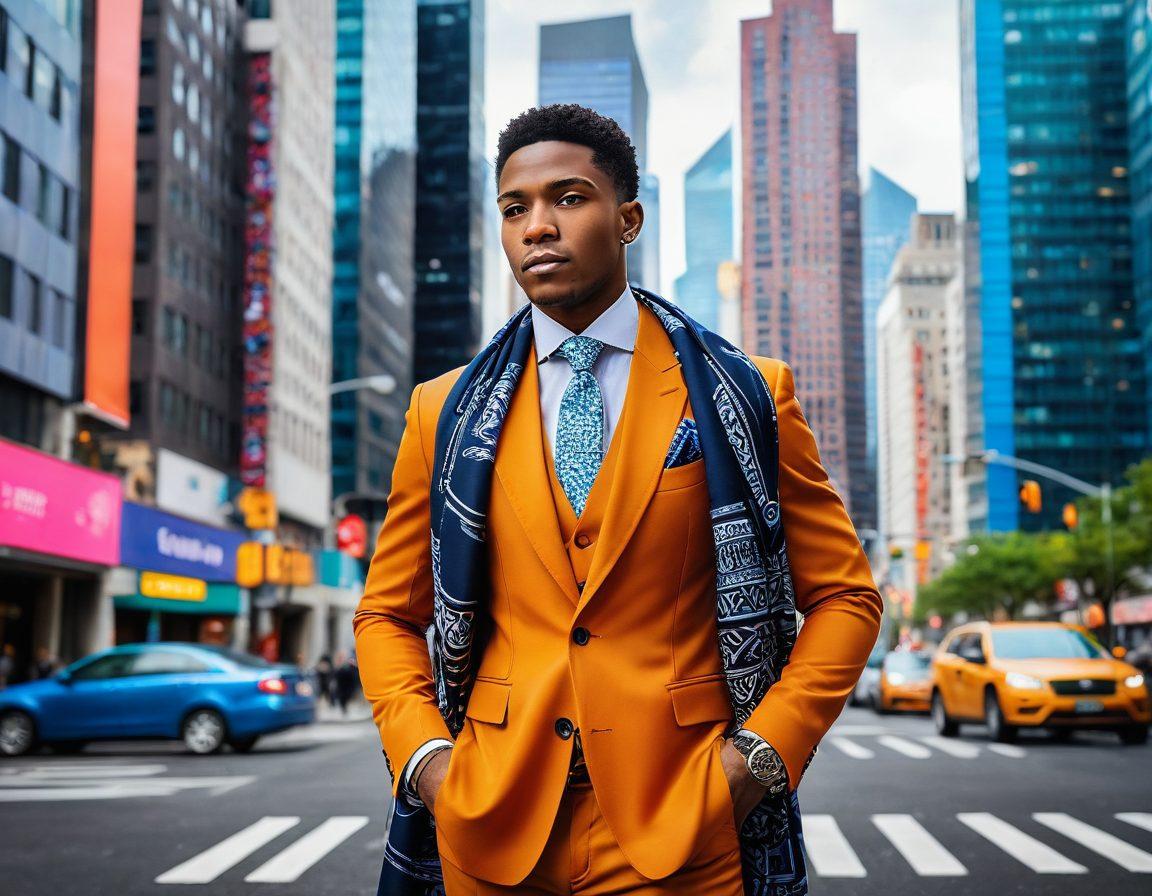 A dapper modern man standing confidently in front of a stylish urban backdrop, wearing a blend of contemporary and traditional clothing. Surround him with fashion accessories like watches and scarves, and include subtle cultural elements representing various cultures like fabrics or patterns. The background should have dynamic city elements, like skyscrapers or street art, blending the personal style with cultural richness. fashionable, urban, vibrant colors. 3D.
